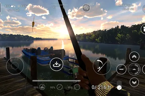 Fishing Planet: pontão de madeira ao amanhecer, com barco azul amarrado e a cana apontada à bóia amarela