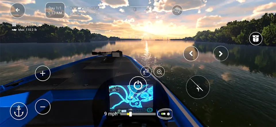 Fishing Planet: proa de um barco azul ao pôr do sol, com mapa de profundidades no ecrã da sonda