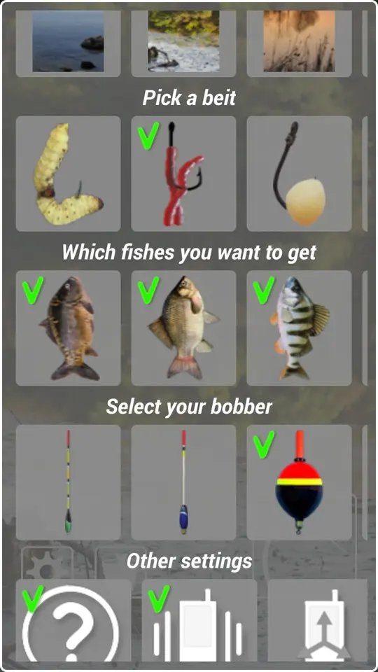 Float fishing simulator: menu de preparação com escolha de isco, espécies e três bóias
