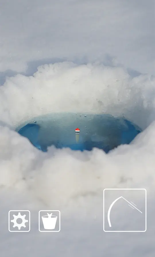 Float fishing simulator: buraco aberto no gelo com neve à volta e uma pequena bóia ao centro
