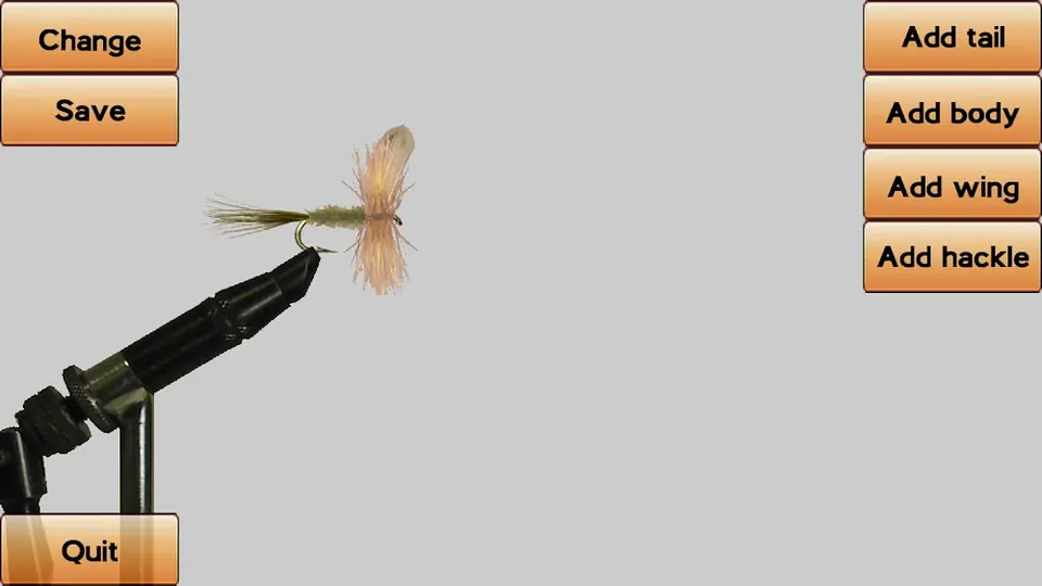 Fly Fishing Simulator HD: torno de atar moscas com botões para acrescentar cauda, corpo, asa e hackle