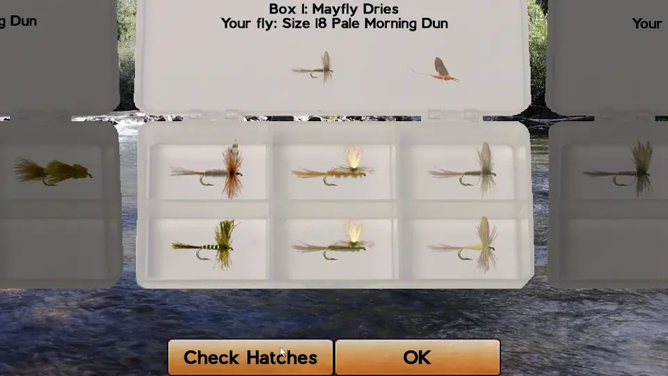 Caixa de moscas secas em Fly Fishing Simulator HD, com oito imitações de efémeras