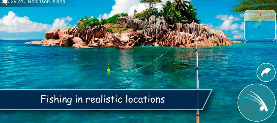 My Fishing World: Robinson Island a 29,4 °C, com a janela de aproximação da bóia no canto superior direito
